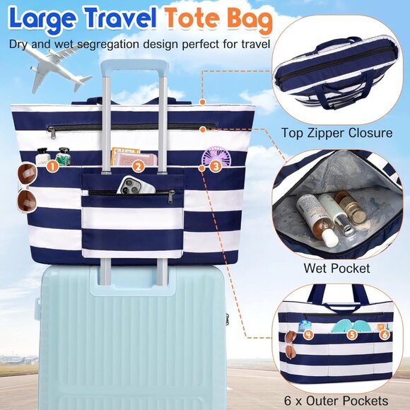 Women's Blue White Waterproof Sandproof Xl Tote Zipper Foldable Beach Bags - Picture 3 of 8